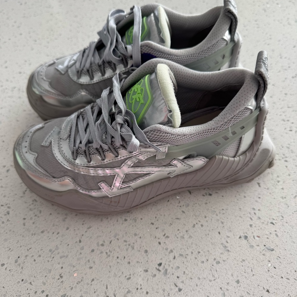 Stylish Silver Sneakers with Green Accents